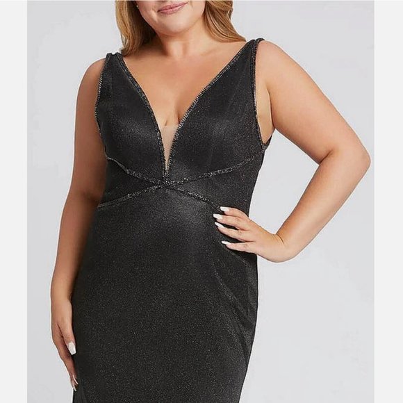 NEW $498 Mac Duggal [ PLUS 14W ] Sleeveless Metallic‎ Glitter Trumpet Gown Black - Picture 2 of 15